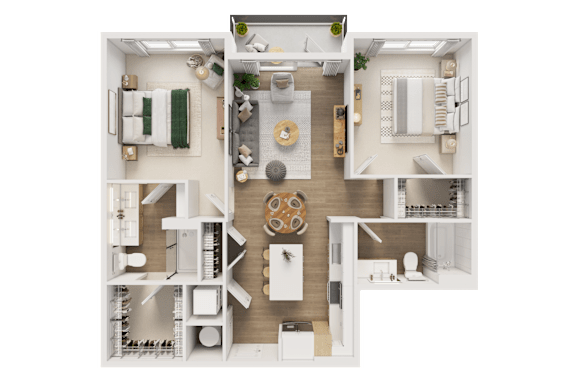 A top-down view of a well-organized apartment with a kitchen, living room, and bedrooms.