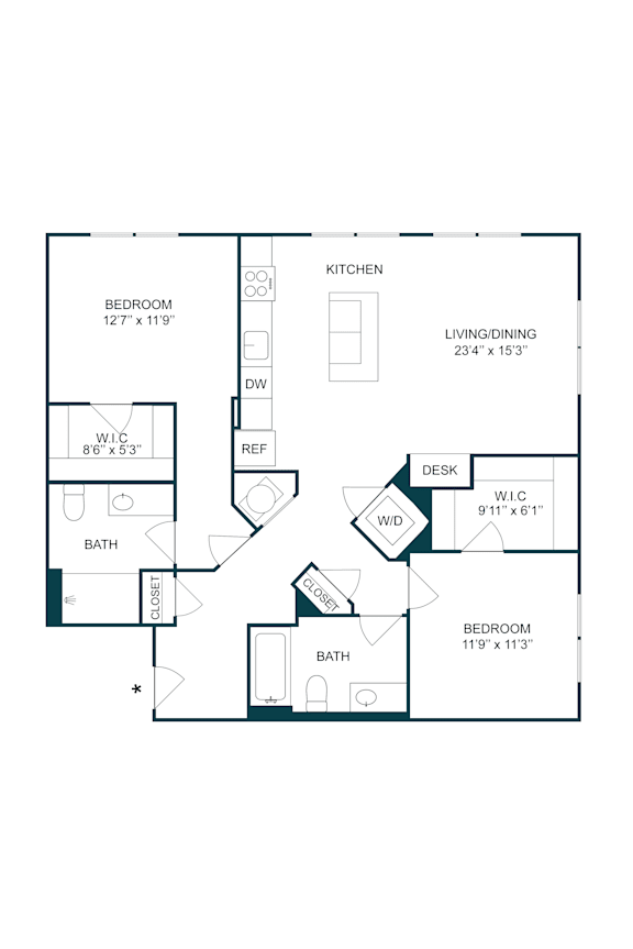 Two bedroom floor plan with two bathrooms at The Terrace Apartments, Maryland