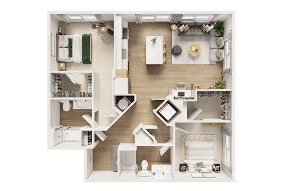A detailed floor plan of a two-bedroom apartment with a kitchen, living room, and bathroom.