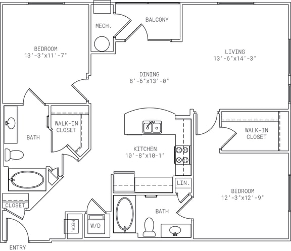 1-B2 2 Bedroom 2 Bathroom Floor Plan at Mira Upper Rock, Rockville, Maryland
