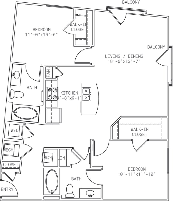 1-B3 2 Bedroom 2 Bathroom Floor Plan at Mira Upper Rock, Maryland, 20850