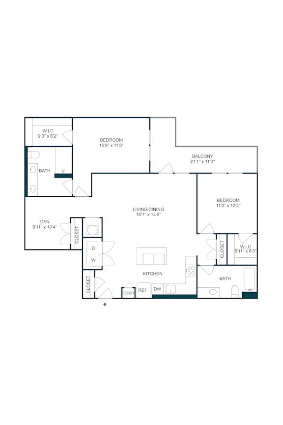 Two bedroom den floor plan with dual bathrooms at The Terrace Apartments, Frederick, MD 21701