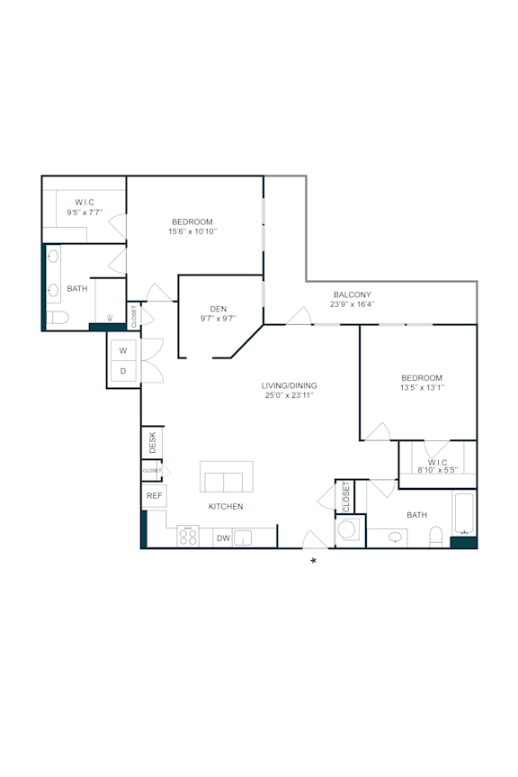 Two bedroom two bath floor plan with den at The Terrace Apartments, Frederick, 21701