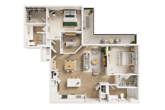 A detailed 3D floor plan of a house layout.