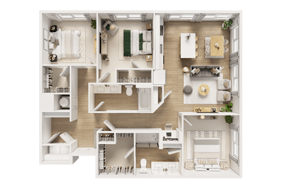 A detailed 3D floor plan of a modern apartment layout.