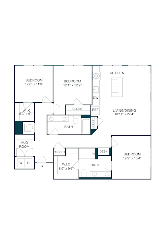 Three bedroom floor plan with mudroom and dual bathrooms at The Terrace Apartments, Maryland
