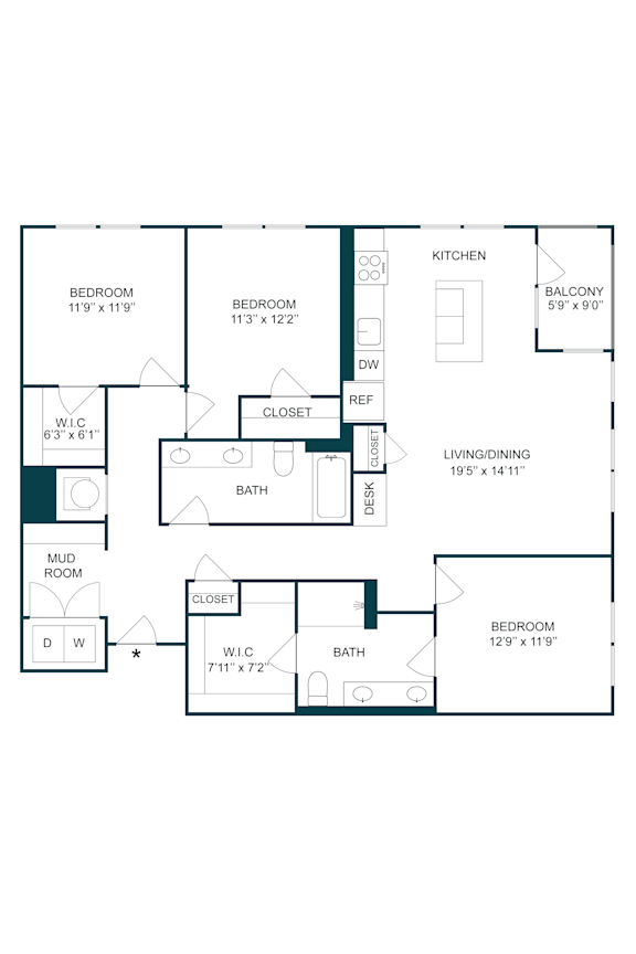 Three bedroom floor plan with two full bathrooms at The Terrace Apartments, Maryland, 21701