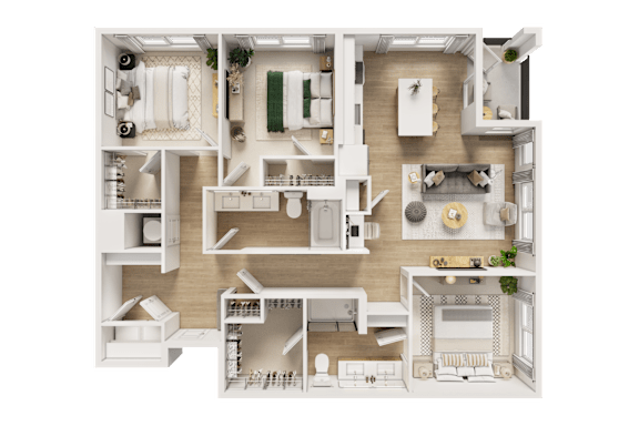 A detailed 3D floor plan of a modern apartment.