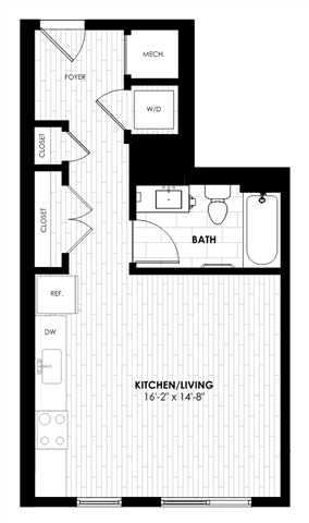 A black and white image of a floor plan for a kitchen/living room.