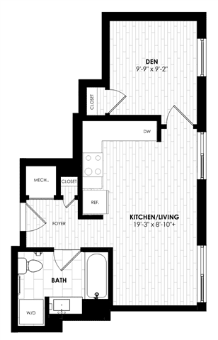 A black and white image of a floor plan for a kitchen/living room, bathroom, and den.