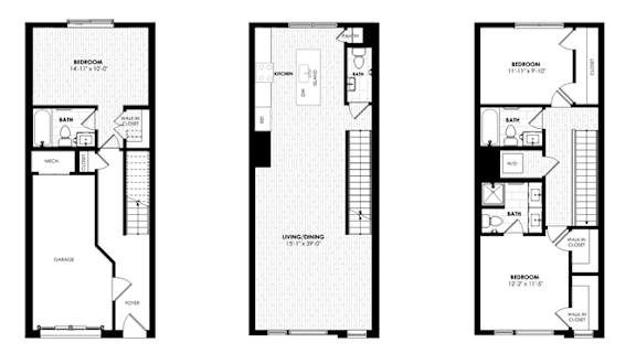Three floor plans for a house with a garage and a loft.