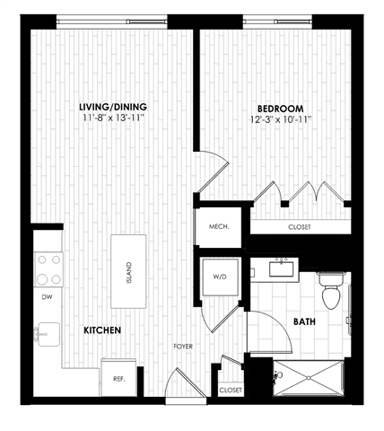 A black and white image of a floor plan for a living/dining area, kitchen, bathroom, and bedroom.
