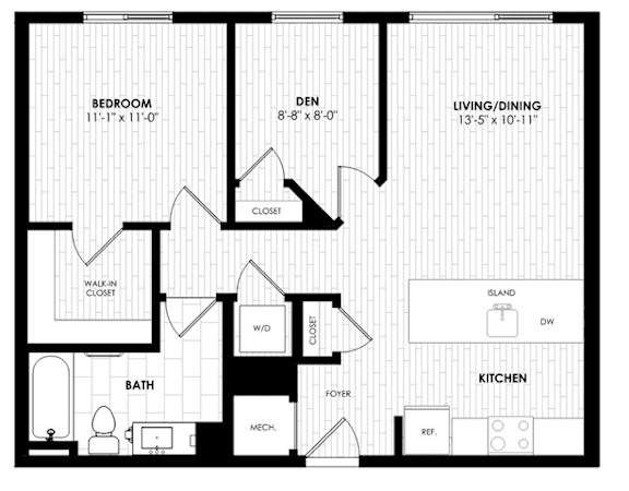 A black and white image of a house floor plan with a bedroom, den, living/dining area, kitchen, bathroom, and foyer.