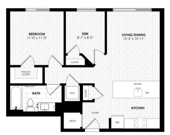 A black and white floor plan of a house with a bedroom, living/dining area, kitchen, bathroom, and closet.