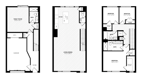 Three black and white floor plans of a house with a garage, living room, and kitchen.