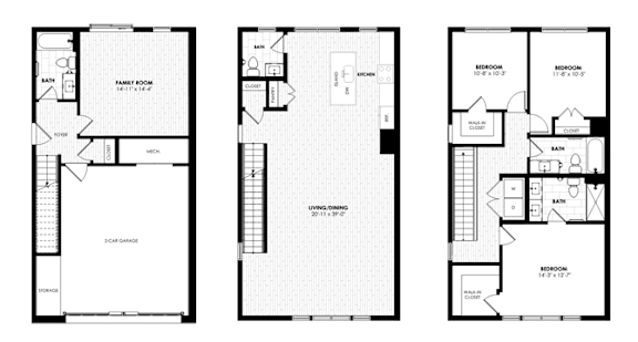 Three black and white floor plans of a house.