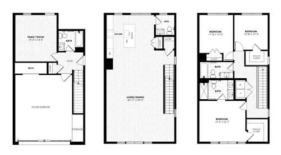 Three black and white floor plans of a house with labeled rooms.