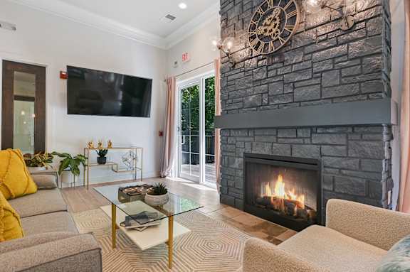 Clubroom With Smart Tv And Fireplace at Poplar Glen Apartments, Columbia.