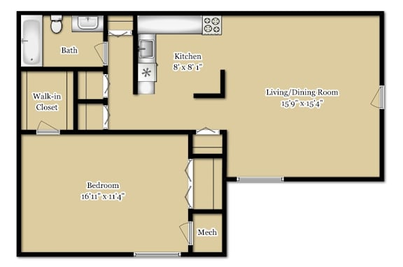 Floor Plan  A floor plan of a room with a bedroom, kitchen, living/dining room, and bathroom.