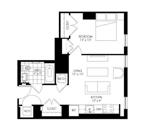 A floor plan of a small apartment with a bedroom, bathroom, kitchen, living room, and a workspace.