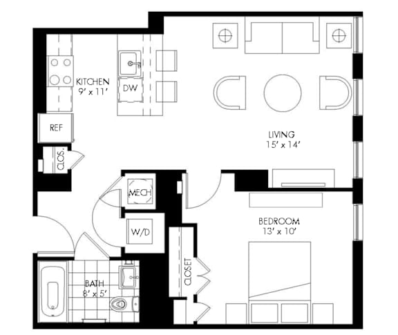A black and white floor plan of a small apartment with a kitchen, living room, bedroom, and bathroom.
