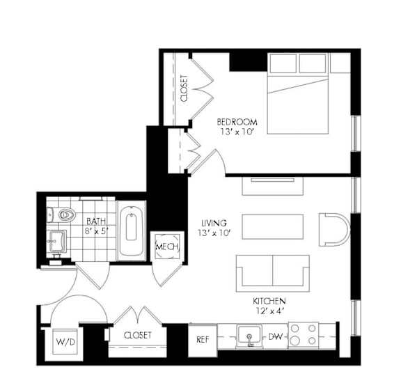 A black and white floor plan of a small apartment with a bedroom, living room, kitchen, bathroom, and closet.