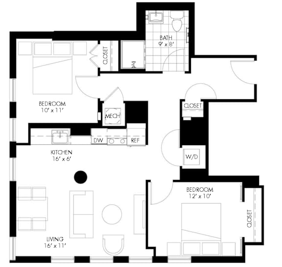A black and white image of a floor plan for a house.