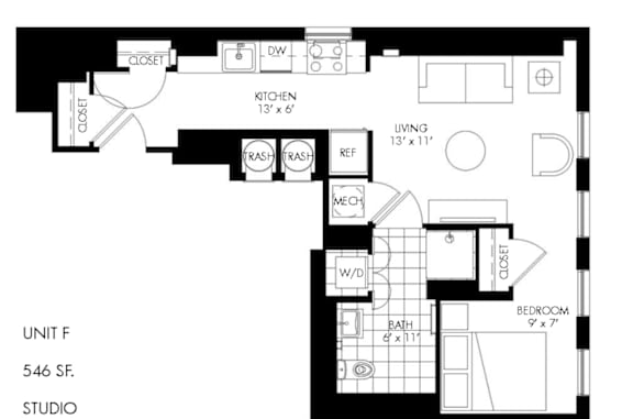 A black and white floor plan of a studio apartment.