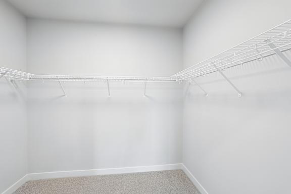 Empty white room with a carpeted floor and a clothes drying rack.