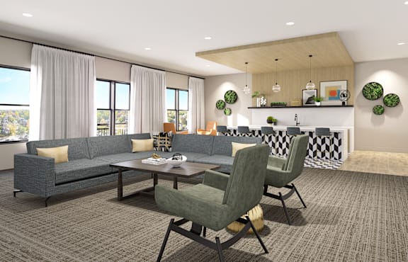 A modern living room with a grey sofa and a wooden coffee table.