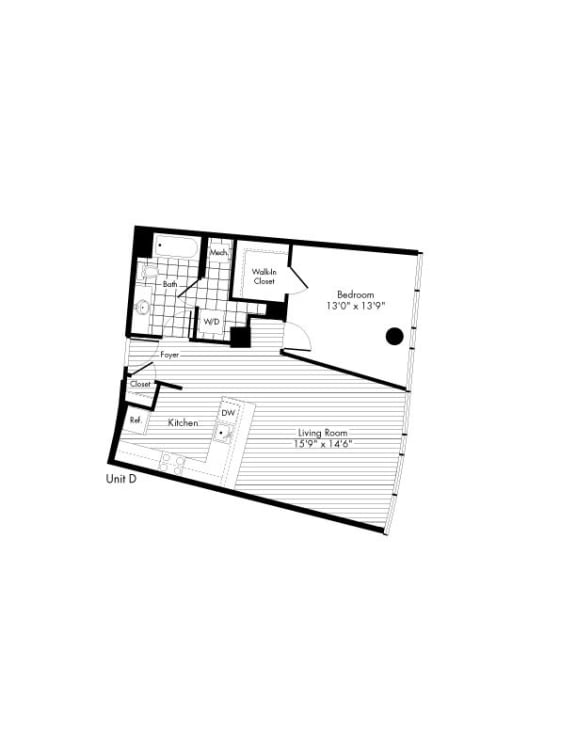 D 1 Bedroom 1 Bathroom Floor Plan at The Zenith, Baltimore, MD, 21201