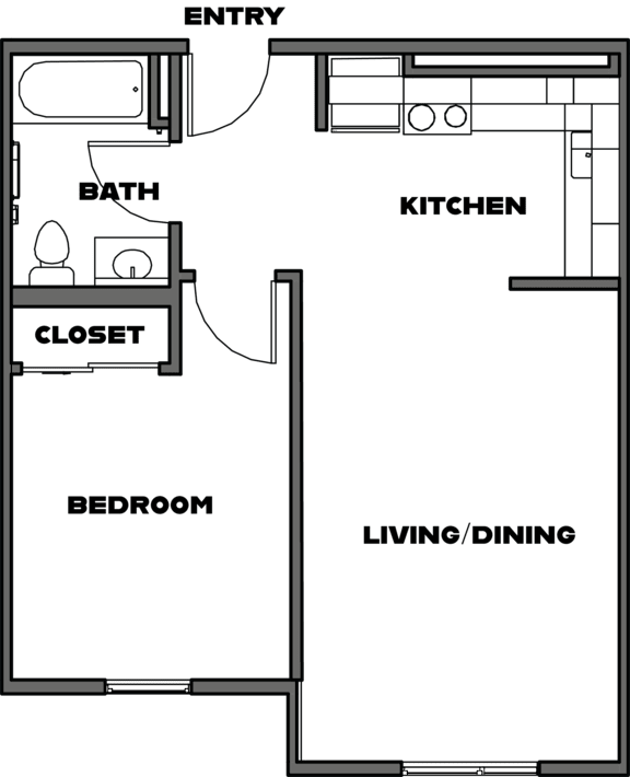 A floor plan of a small apartment with a bedroom, living/dining area, kitchen, bathroom, and closet.
