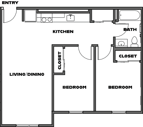 A floor plan of a house with two bedrooms, a living/dining area, a kitchen, a bathroom, and a closet.