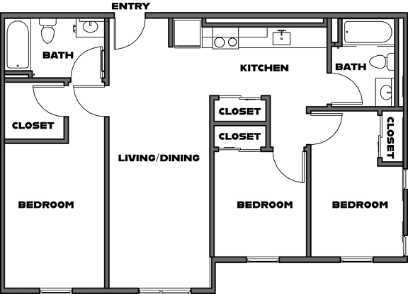 A floor plan of a house with two bedrooms, two bathrooms, a living/dining area, and a kitchen.