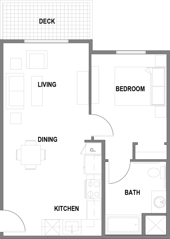 The Bluffs at 44th 1 bedroom 1 bath 745-810sf A floor plan of a house with labeled rooms including a kitchen, living room, dining room, bedroom, and bathroom.
