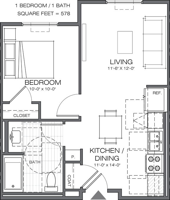 A floor plan of a one bedroom apartment with a bath and a living area.