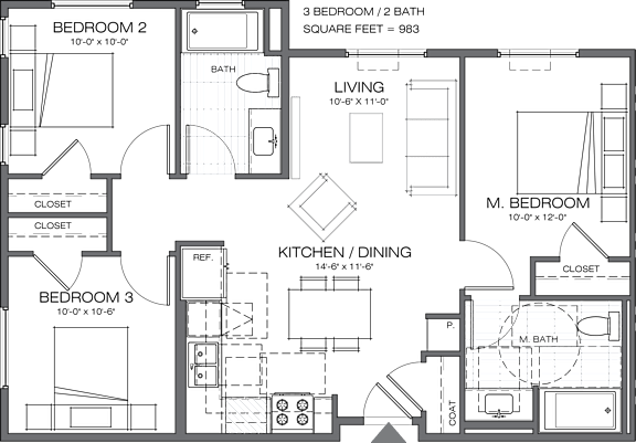 A floor plan of a house with three bedrooms, a living room, a kitchen, and a bathroom.