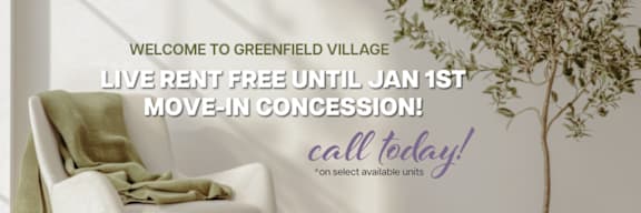 A promotional image for Greenfield Village offering a free live rent until January 1st.