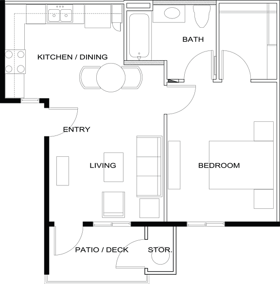 A floor plan of a house with a kitchen, dining area, living room, bedroom, bathroom, patio, and storage.