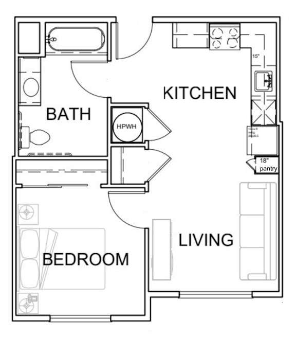 A floor plan of a small apartment with a living room, bedroom, and bathroom.