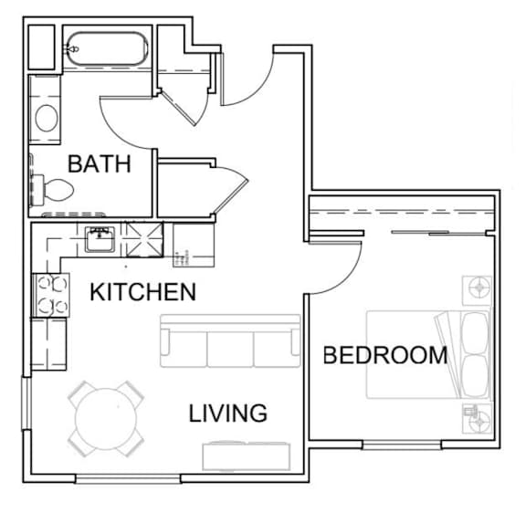 A floor plan of a small apartment with a living room, kitchen, and bedroom.