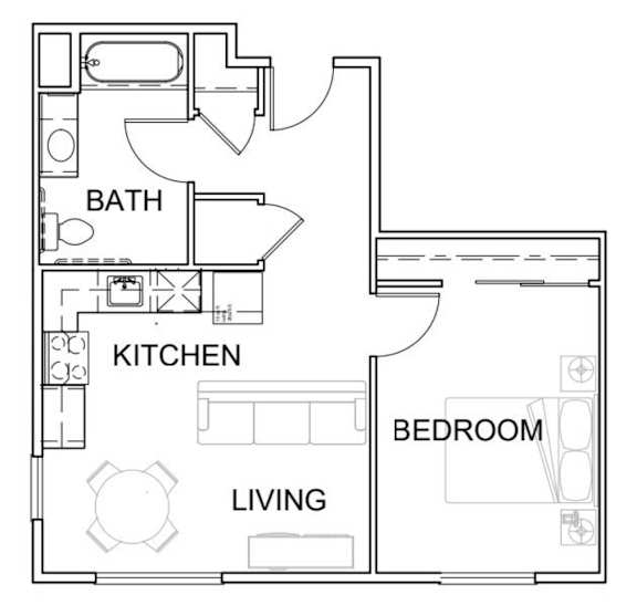 A floor plan of a small apartment with a living room, kitchen, and bedroom.