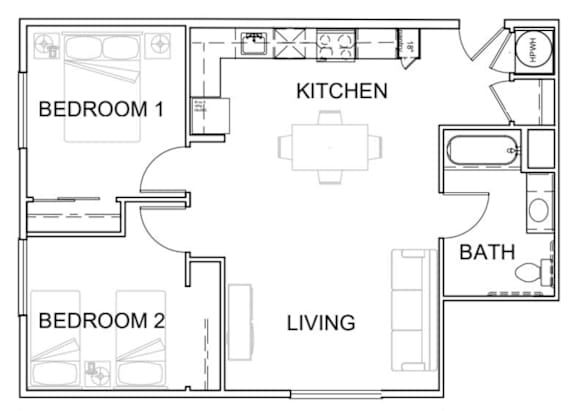 A floor plan of a small apartment with two bedrooms, a kitchen, a bathroom, and a living room.