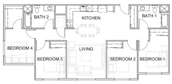 A floor plan of a house with labeled rooms including a kitchen, living room, and four bedrooms.
