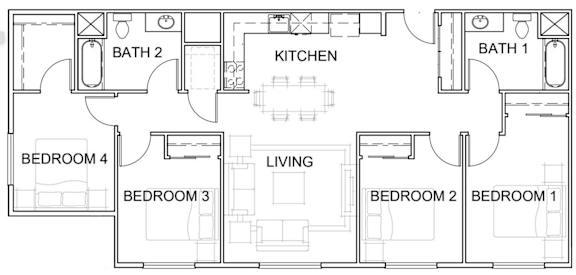 A floor plan of a house with two bathrooms, a kitchen, a living room, and four bedrooms.