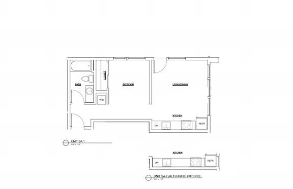 Jr. 1 bed 1 bath, 561 sq. ft. (units # 202, 302, 402)