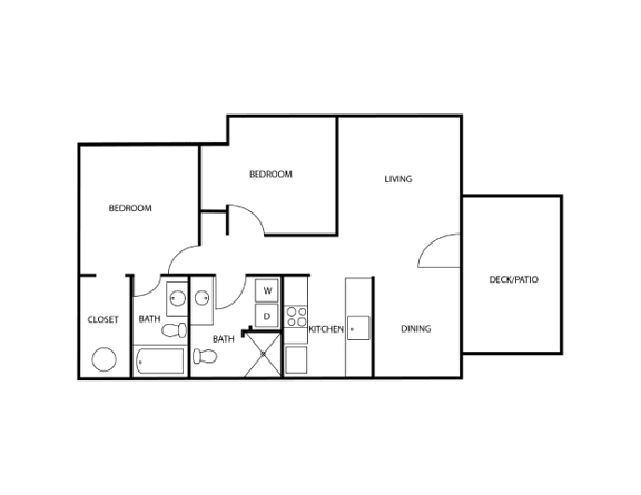 A floor plan of a house with labeled rooms such as Bedroom, Bath, Kitchen, Dining, Living Room, and Deck/Patio.
