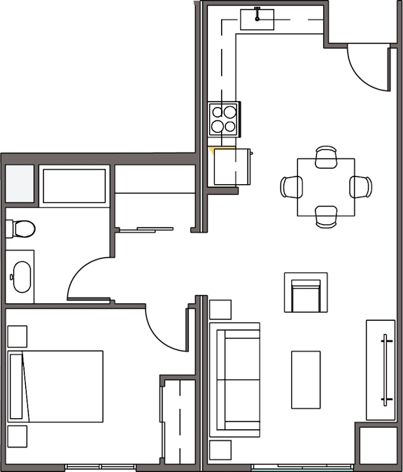 A floor plan of a house with a kitchen, living room, and bathroom.