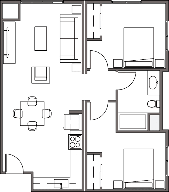 A floor plan of a house with a dining area, living room, and kitchen.