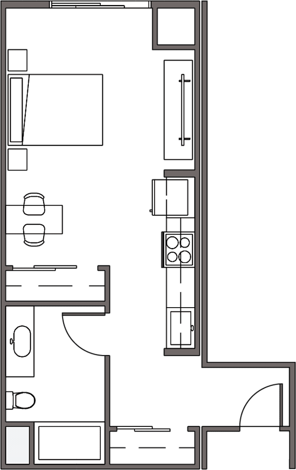A floor plan of a house with a kitchen, living room, and two bedrooms.